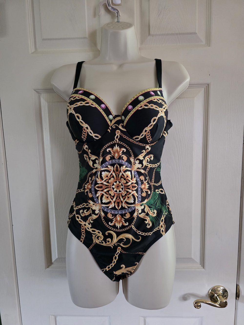 Black Baroque Print One-Piece Swimsuit